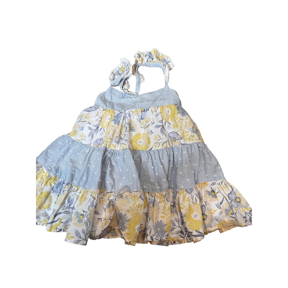Tahari Dress Girls 12M Yellow Blue Floral Tiered Sundress Summer Lined Ruffle